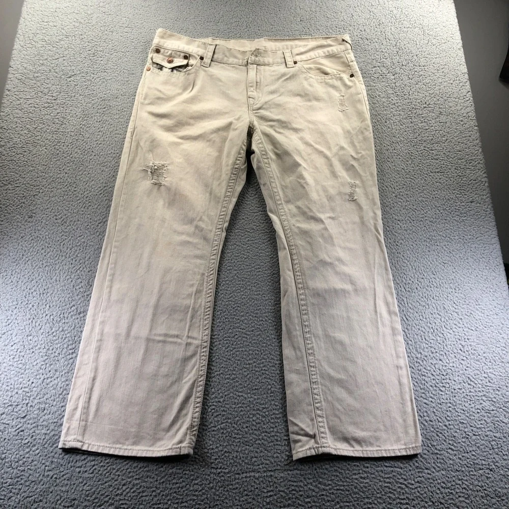 Vintage True Religion Jeans Mens 42x32 Tan Y2K Straight Skull Patch Made In USA